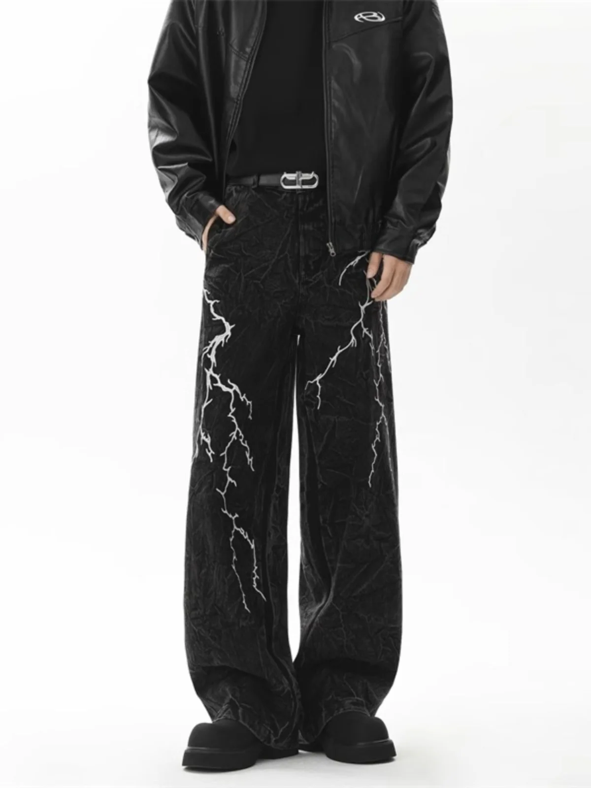 

Men's Streetwear Hip Hop Loose Wide Leg Jeans Embroidered Lightning Design Spring Autumn New Sle Casual Straight Cut Trousers