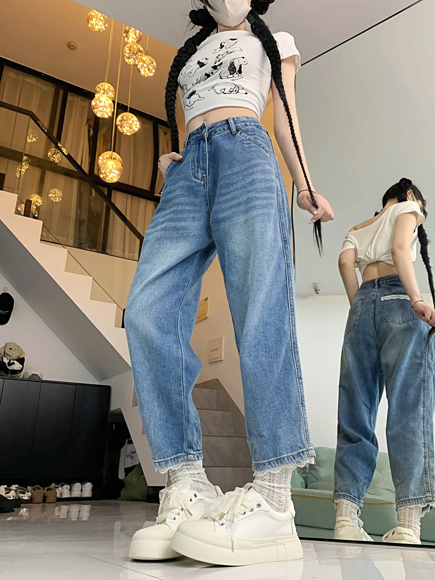 Plus Size Jeans met hoge taille en rechte pijpen Dames Kantdetail Losvallende casual denimbroek Herfstkleding voor dames in grote maten