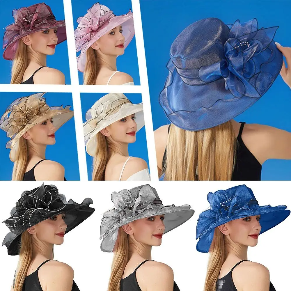 Solid Color Flowers Women Derby Hat Wide Brim Organza Summer Ruffles Sun Hat Foldable UV Protection Bridal Tea Party Wedding Hat