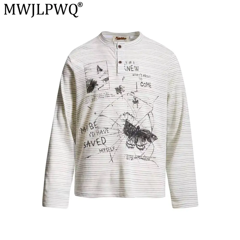 MWJLPWQ Striped Long-Sleeve Men's T-Shirt Ins Street Vintage Abstract Butterfly Distressed Print Half-Open Collar Tops 20309