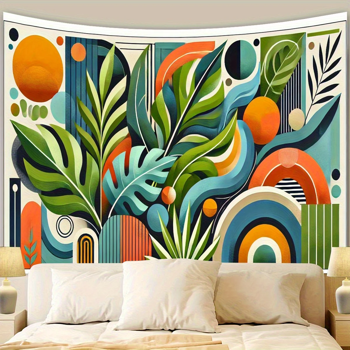 Retro Boho Tapestry, Abstract Tropical Leaf Wall Hanging, Mid Century Modern Plant Art, Colorful Geometric Decor for Living Room