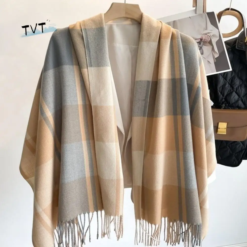 

Повседневный ветрозащитный клетчатый шарф, сохраняющий тепло, имитация кашемировой шаль с кисточками, толстая длинная шаль, осень-зима