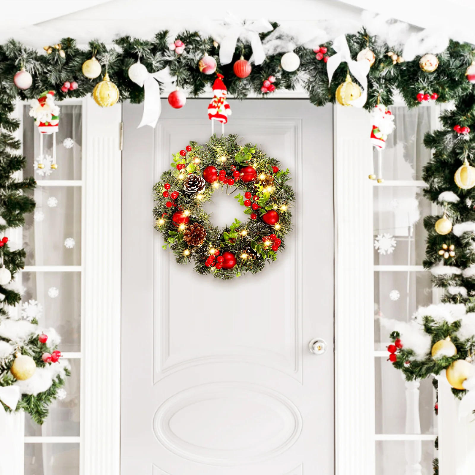 

Xmas Wreath with LED Lights for Front Door Christmas Wall Decoration Home Party Layout Props Powered Indoor Outdoor Use