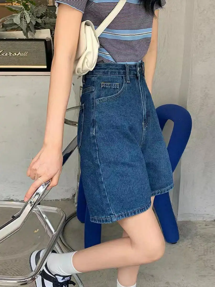 

High Waist Denim Shorts Women Summer Loose A-Line Straight Leg Wide Leg Five-Quarter Thin Slimming Mid-Length Pants