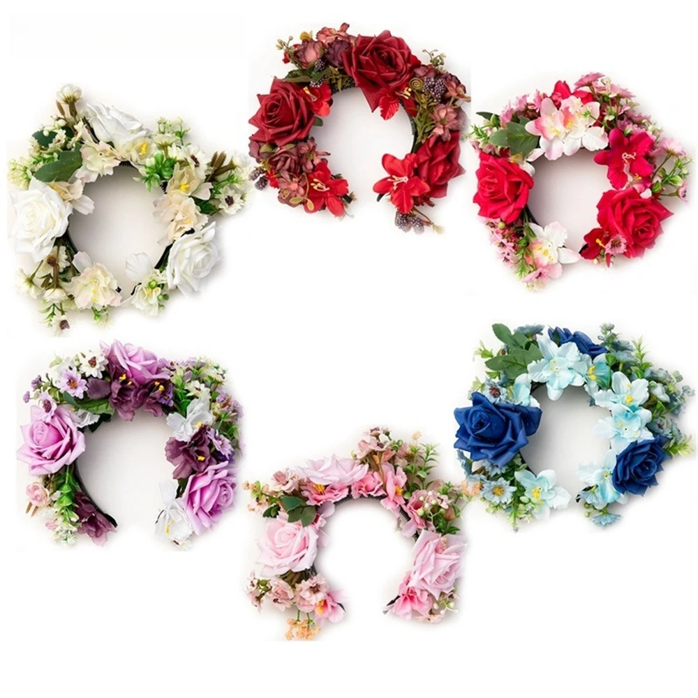 Designer 3D Simulation Flower Wreath Women Girl Rose Flowers Head Hoop Bridal Artificial Anti-slip Wedding Garland Accessories