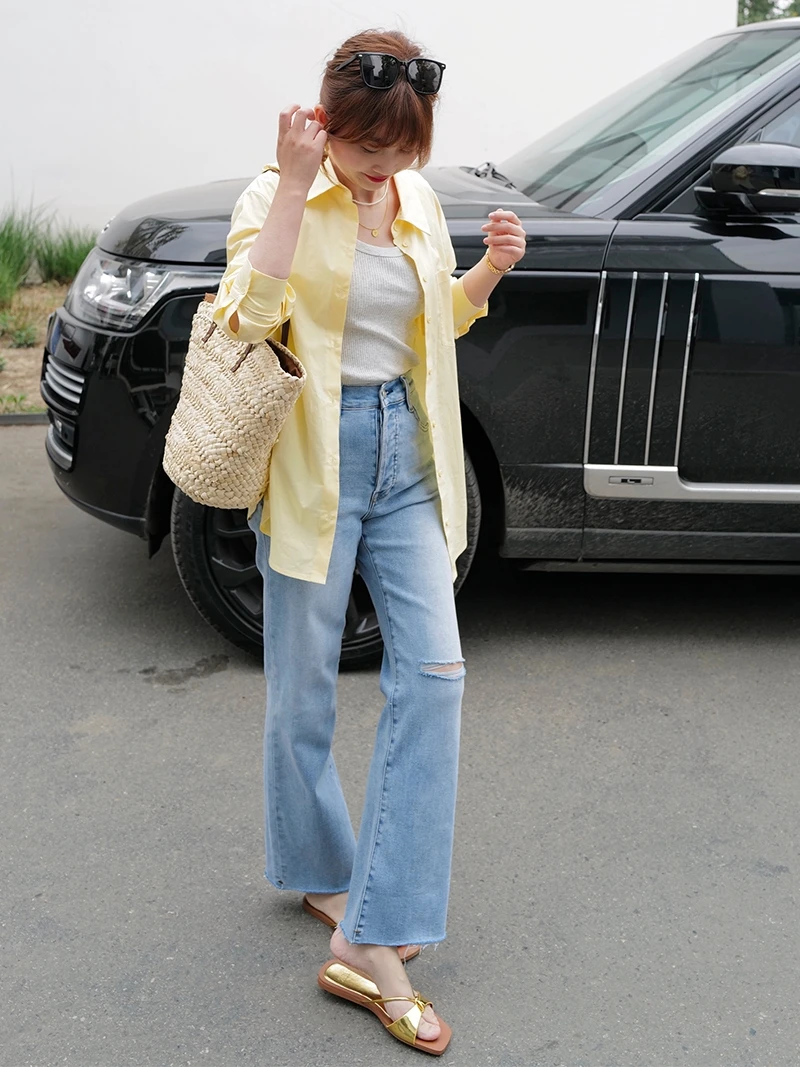 

Джинсы женские INNQ летние, светло-голубые, с высокой талией, с манжетами, прямые, на пуговицах, весна-лето, с эффектом потертости