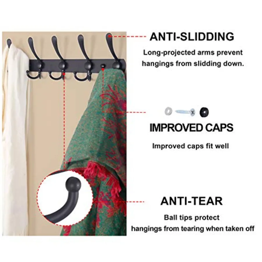 Wall Mounted Coat Rack with 5 Tri Hooks for Heavy Duty Use in Mudroom Bathroom Entryway Stainless Steel Metal Hook Rail for Coa