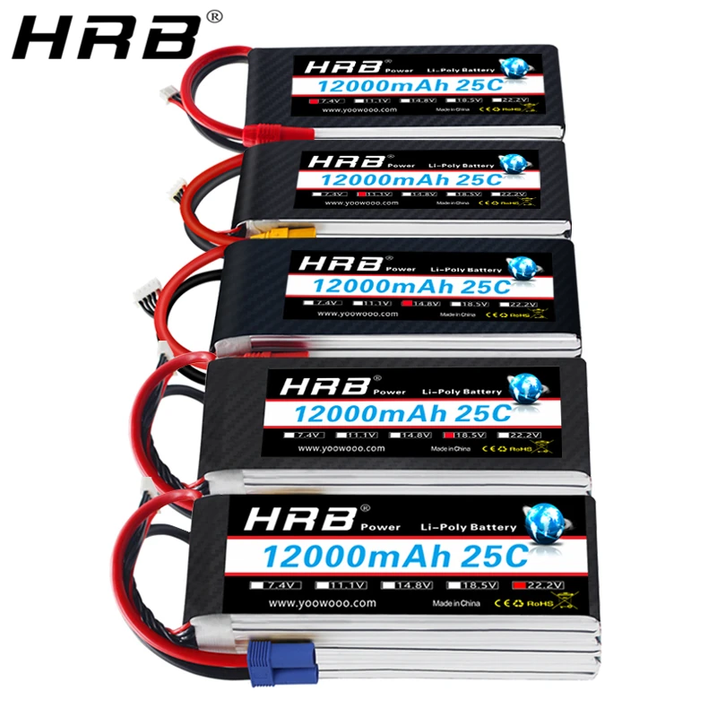 HRB 1PCS 12000mah Lipo 2S 3S 4S 6S 5S Battery 7.4V 11.1V 14.8V 22.2V 18.5V Lipo 25C XT60 T for RC Car truck Drone Airplane