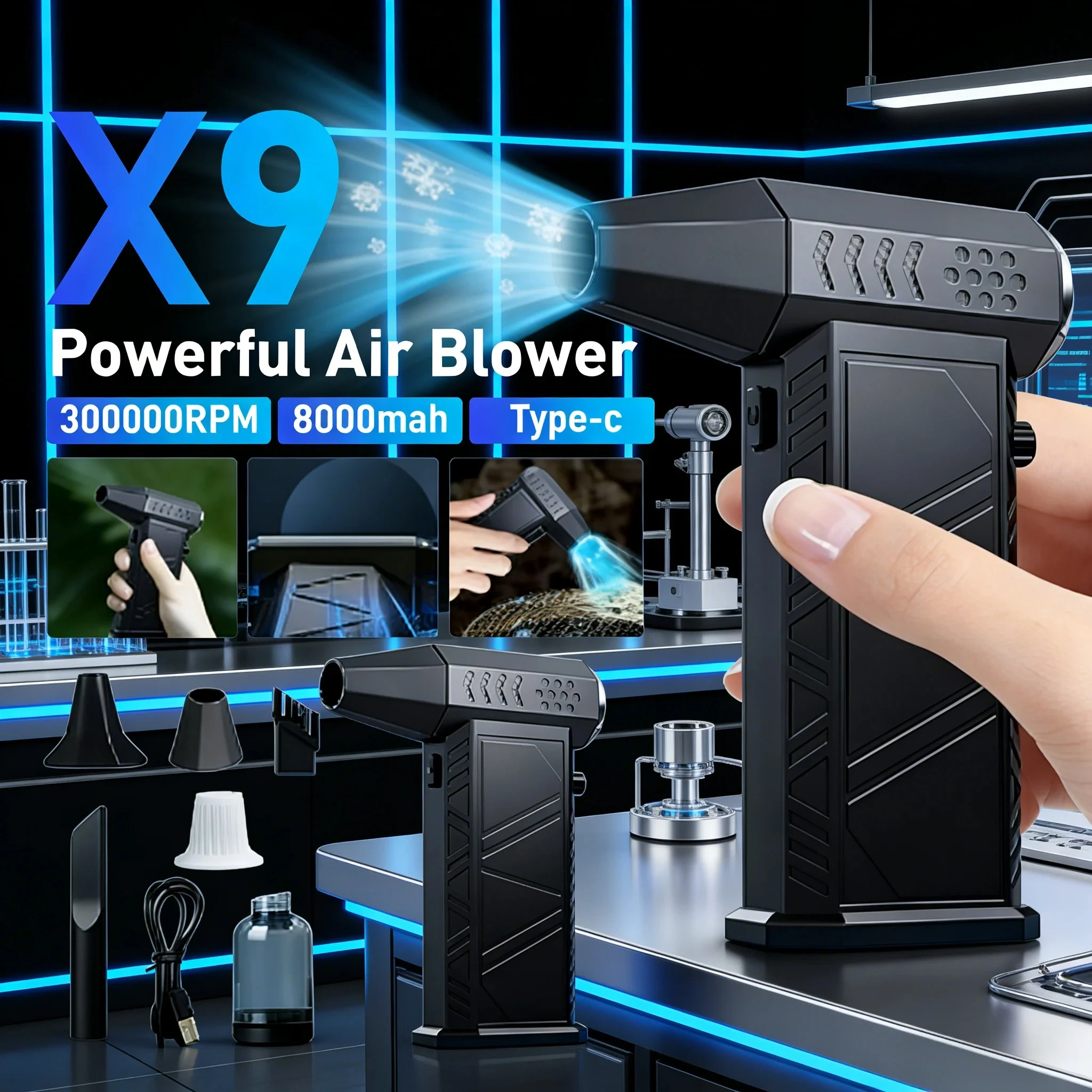 

Бесщеточный турбовентилятор X9 300000 об/мин | 2-в-1: Воздуходувка и пылесос с зарядкой Type-C