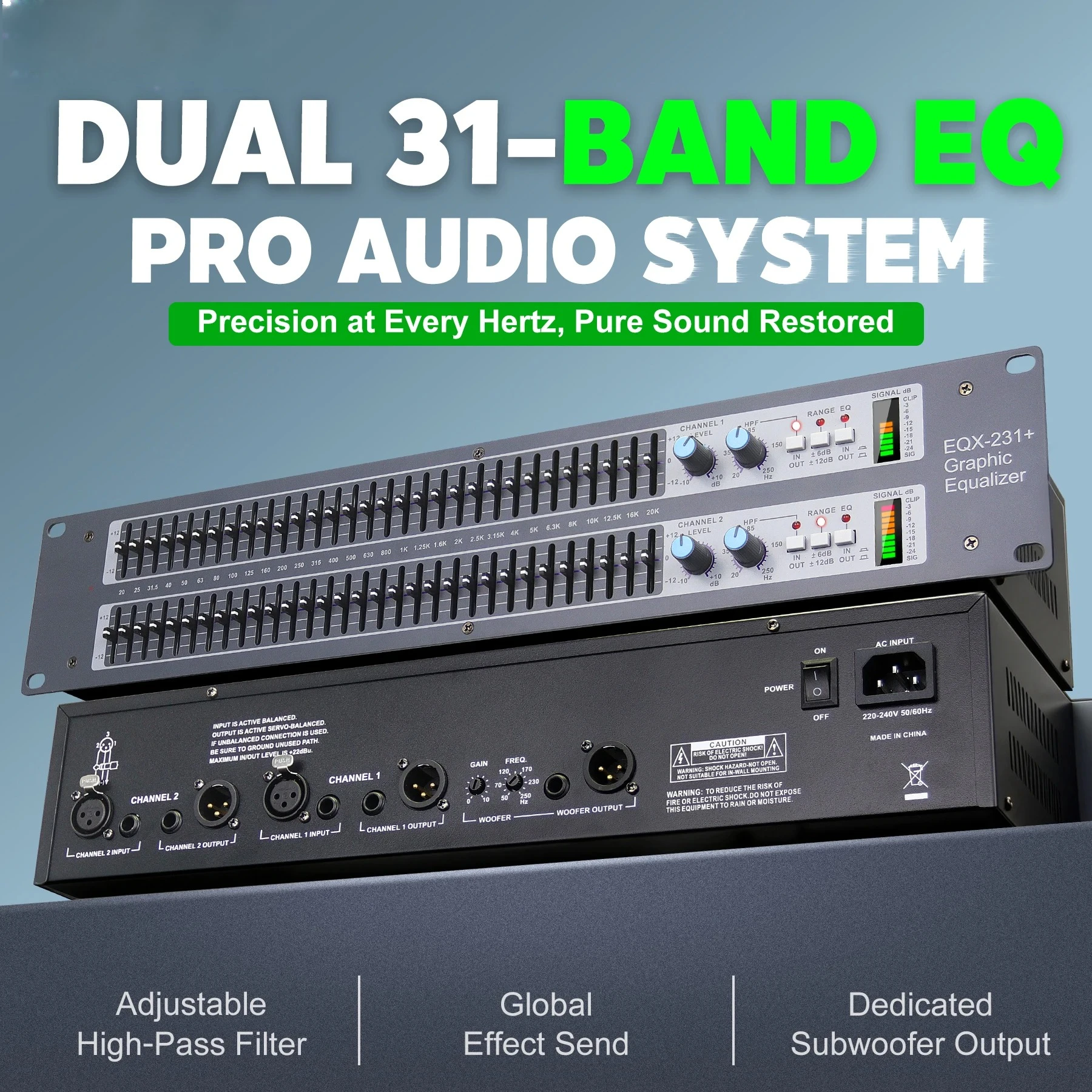 EQX-231+ Dual 31-Band Graphic Equalizer Pro Audio Processor with Adjustable HPF & Subwoofer Output for Studio Stage PA System