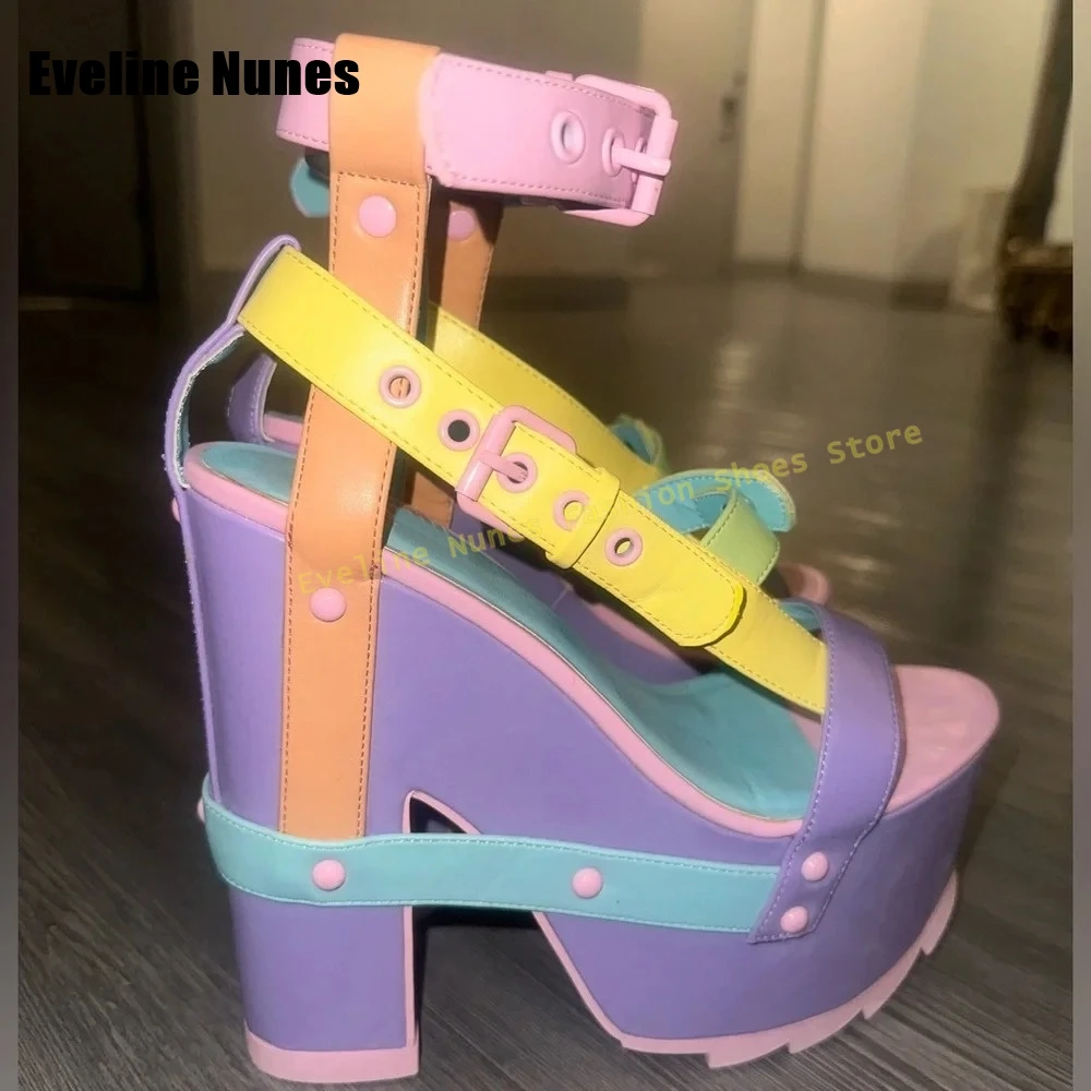 Women's Macaron Color Block Platform Wedge Sandals Multi Buckle Strap Chunky Heels for Y2K Rave Festival Party High Heels Summer