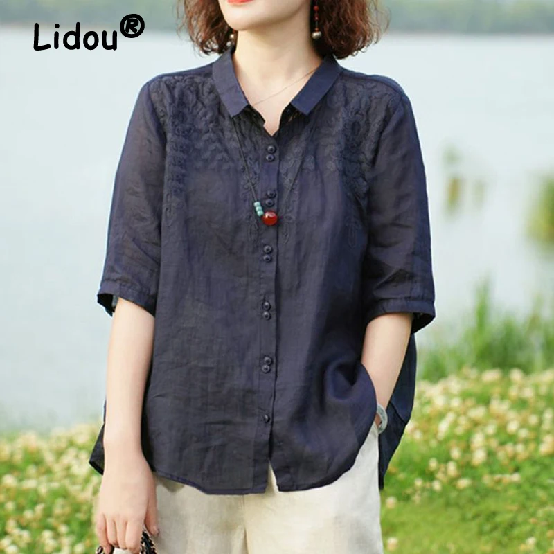 Women Vintage Embroidery Cotton Linen Shirts Spring Summer Casual Thin Breathable Blouses Ladies Half Sleeve Solid Oversize Tops