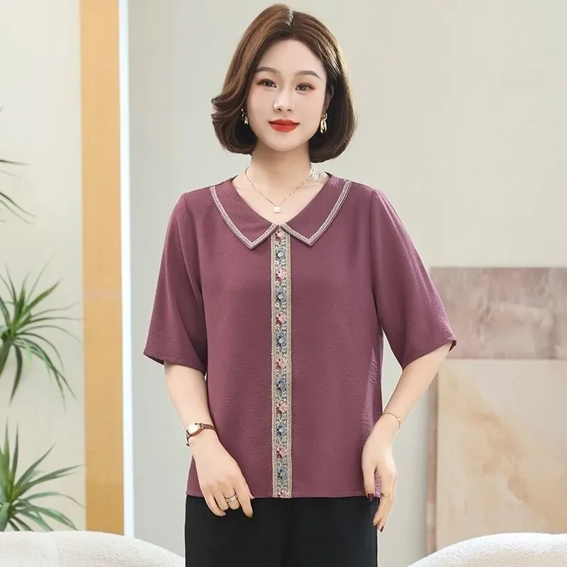 Stylish Mature Women Summer Embroidered Peter Pan Collar Loose Short Sleeve T Shirt Pants Set Daily Casual Outfits S-4XL