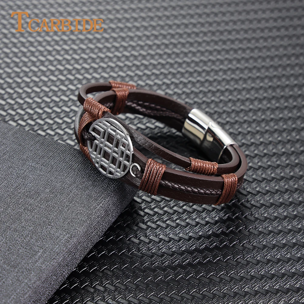 Fashion Men Premium Genuine Leather Bracelets Multi-layer Irregular Graphic Accessories Stainless Steel Magnetic Button