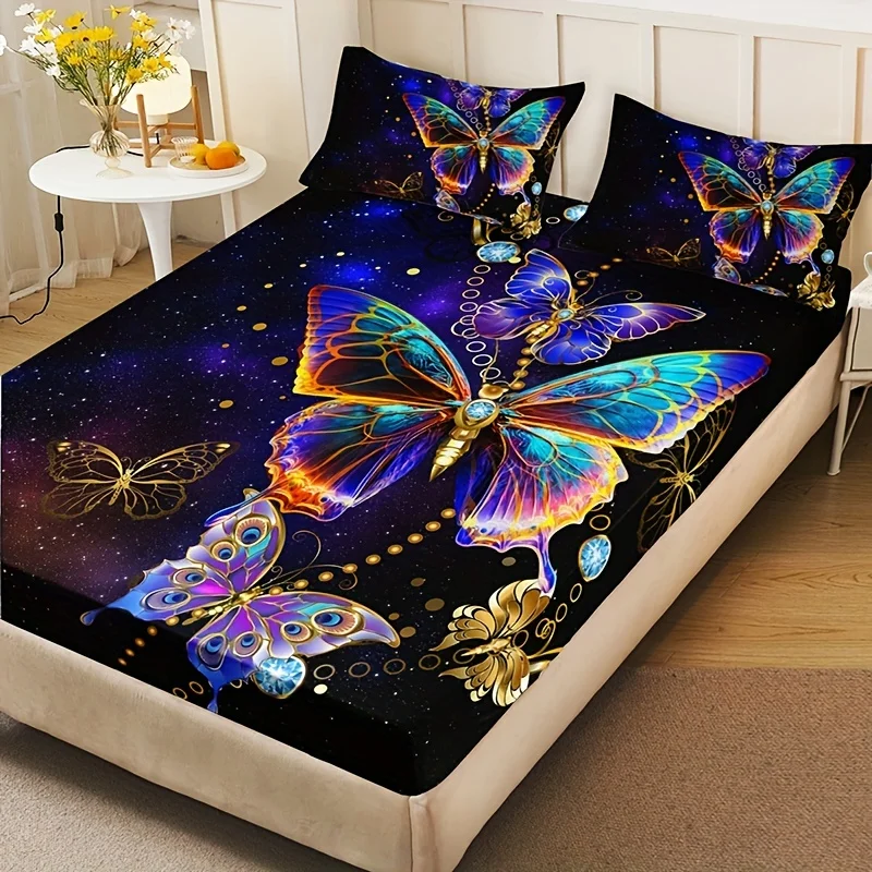 Fashion Luxury Fitted Sheet Set Soft Comfortable Breathable Color Butterfly Print Bedding Set For Bedroom Guest Room