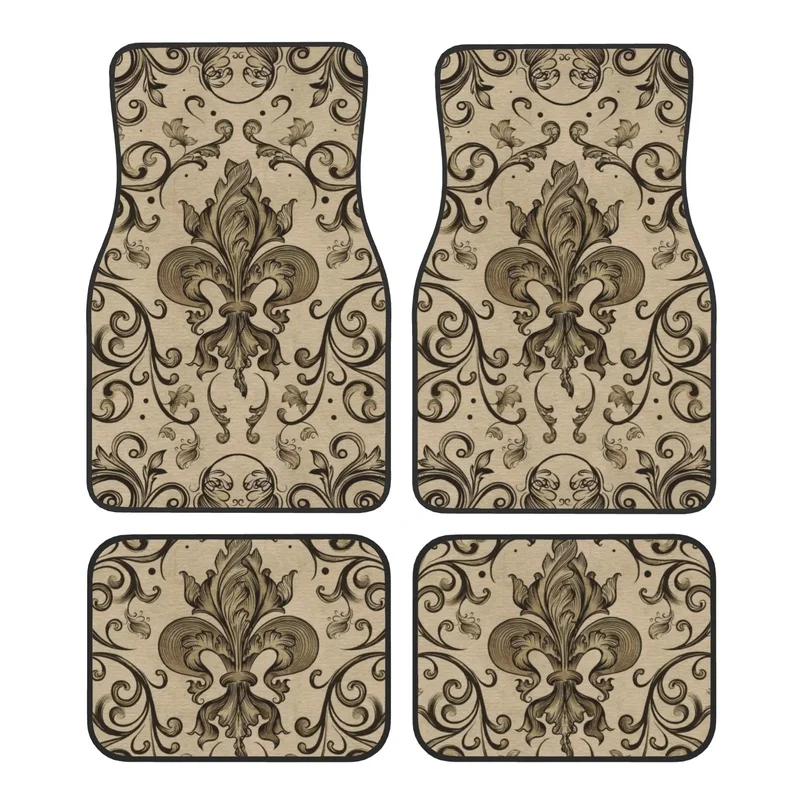 Fleur De Lis Car Floor Mats of 4 Pieces Crystal Velvet Carpets Rugs Lily Flower Universal Car Front Rear Carpets Foot Mats 6