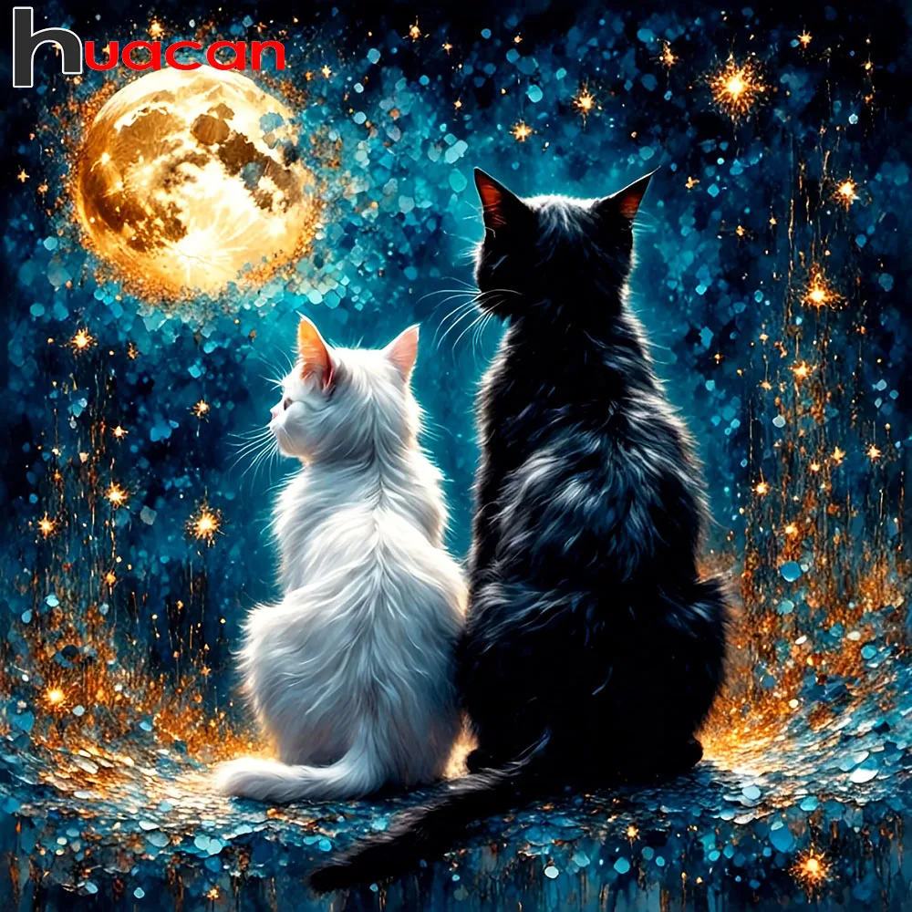 Huacan 5D DIY Diamantmalerei Katze am Mond Diamantstickerei Tier-Landschafts-Set Dekorative Gemälde