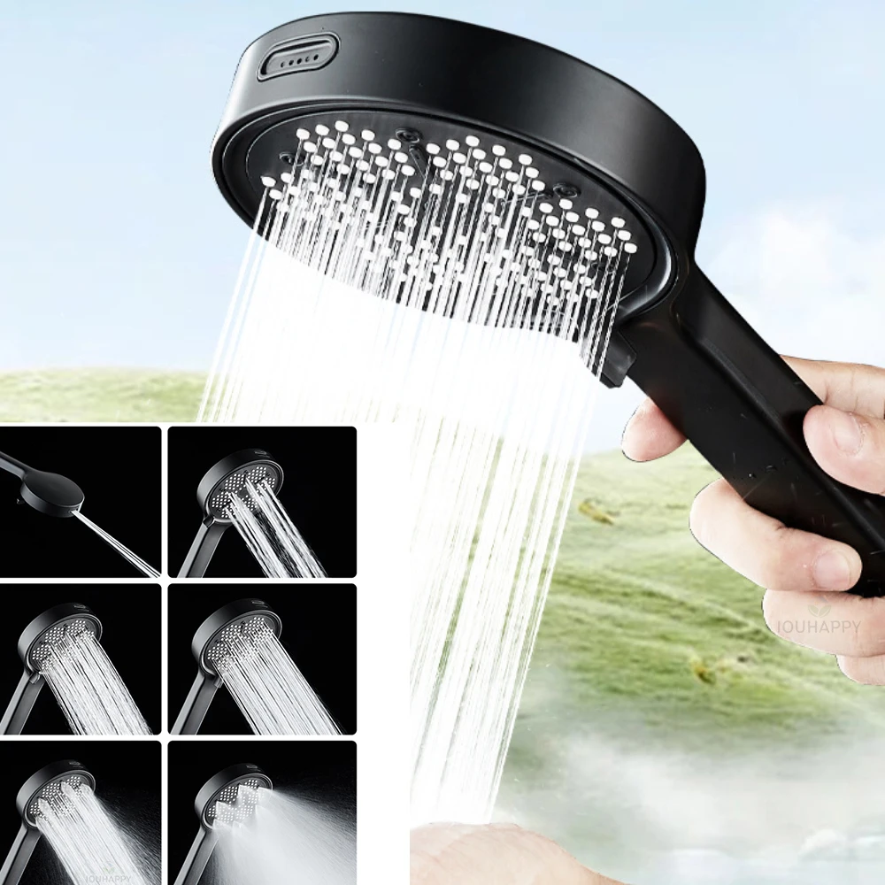 New 6 Mode Adjustable Shower Head  Black Large Flow Shower Water Saving Showerhead Faucet Bathroom Accessory for Bathroom