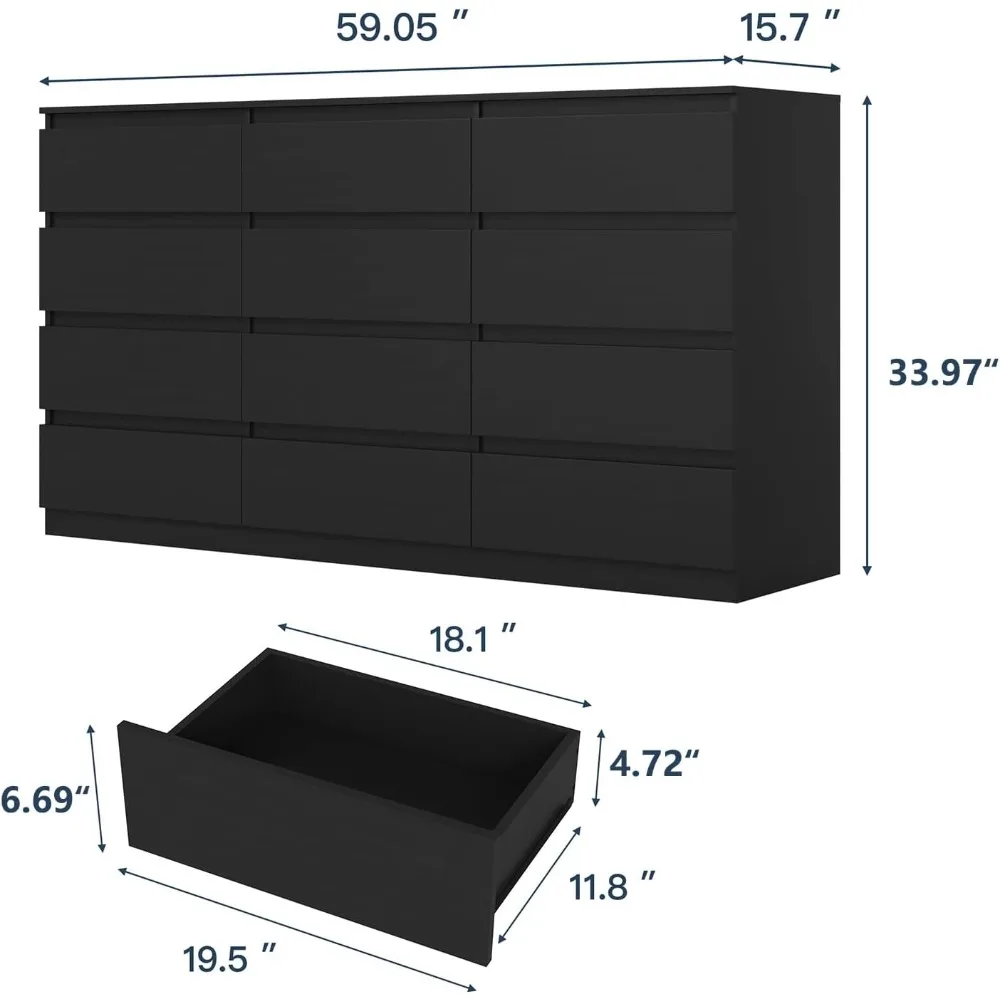 Black Dresser for Bedroom,Modern Long 12 Drawer Dresser with Deep Drawer,Wood Storage Chest of Drawer, Bedroom Storage Organizer