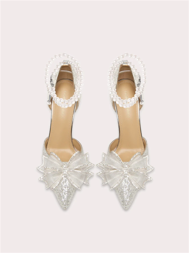Summer sequin pearl rhinestone bow low-heeled wedding shoes high-heeled banquet dress large size small size women's sandals
