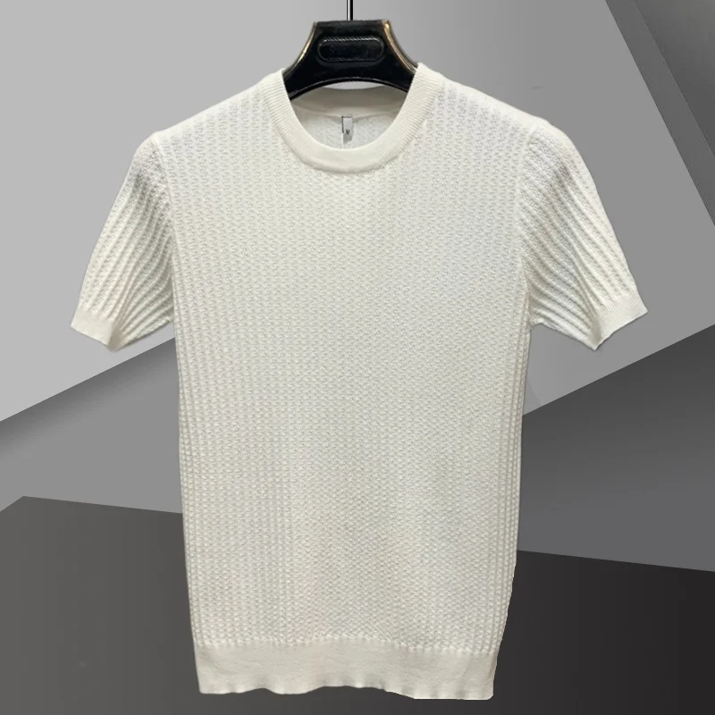 Stripe Jacquard Knitted T-shirt 2024 Summer Streetwear High Quality Short Sleeve Casual T-Shirt Business Social O-neck Tops Tees