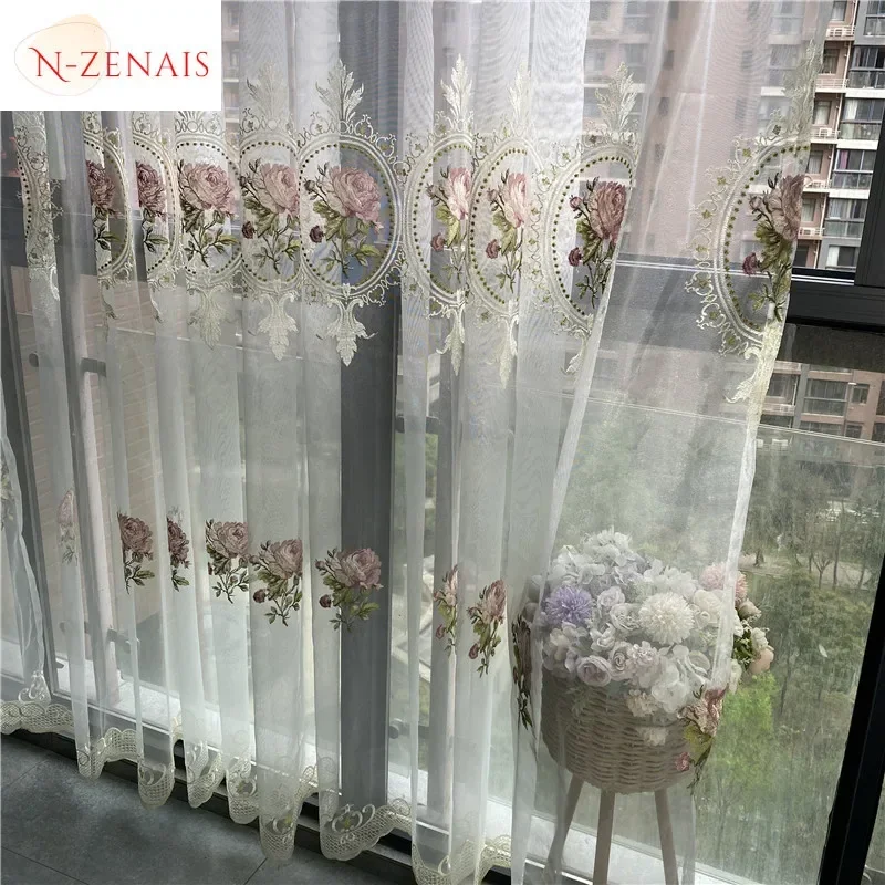 Luxury Peony Tulle Curtain for Living Room European Elegant Flower Embroidery Sheer Voile Drapes for Bedroom Kitchen Decor Door