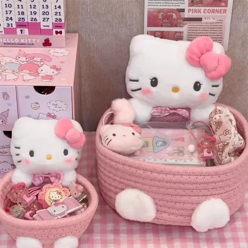 Kawaii Hello Kitty Weave Storage Basket Kuromi Cinnamoroll Girl Sundries Storage Baskets Ornaments Hairpin Toy Cosmetics Storage