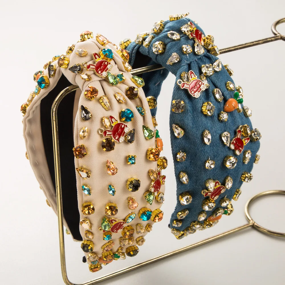 

Baroque full rhinestone wide edge Easter hair accessories high quality denim fabric hand sewn rabbit headband