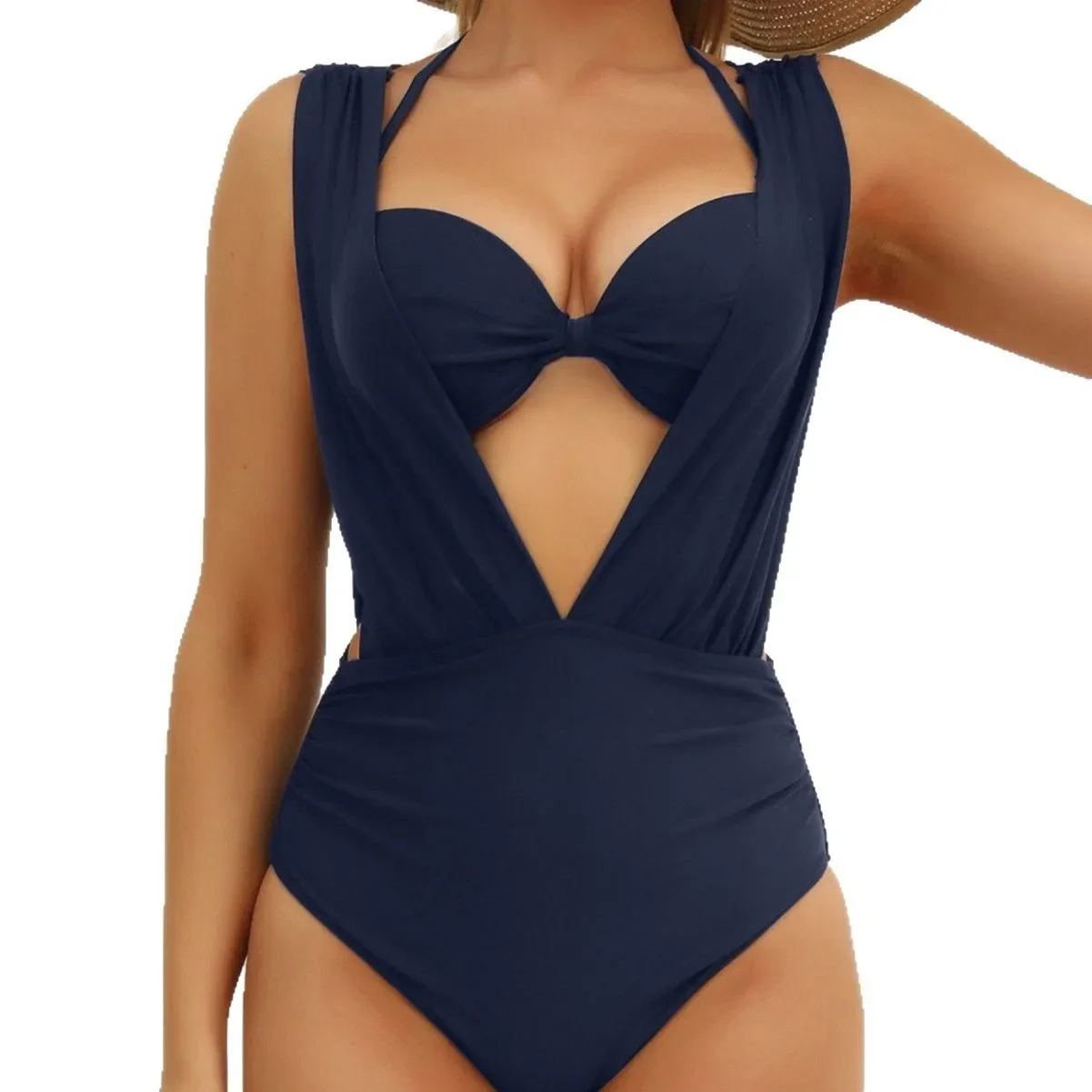 Women's Underwire Tummy Control One Piece Swimsuit Casual Beachwear Deep V Neck High Bust Support Summer Swimwear Bathing Suits