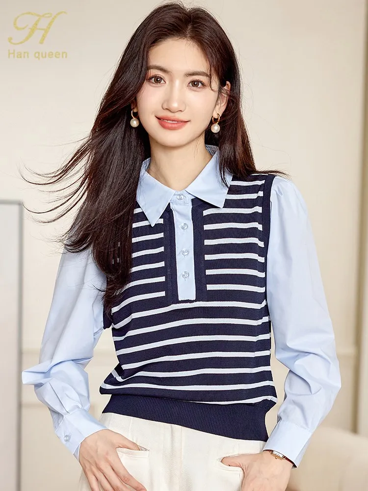 H Han Queen 2024 Spring Autumn Women\'s Blouse Striped Patchwork Vintage Tops Simple Elegant Chiffon Blouse Fashion Casual Shirts