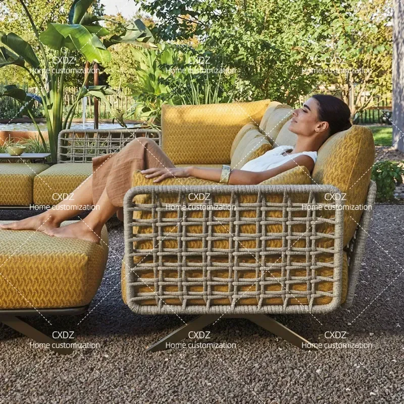 Outdoor Rattan Sofa Set Weatherproof Sunshade Rain Protection Balcony Courtyard Villa Hotel Garden Furniture Combination
