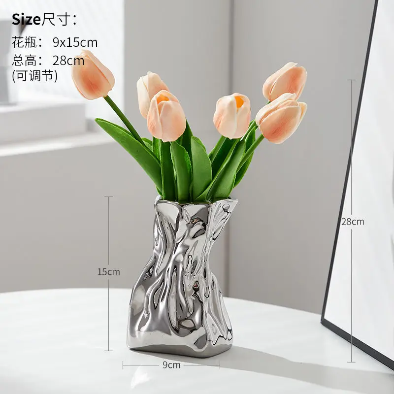 

Light Luxury Electroplated Ceramic Vase, Tulip Flower Arrangement, Table Decoration, Floral Flower Arrangement, Silver Pleated Vase