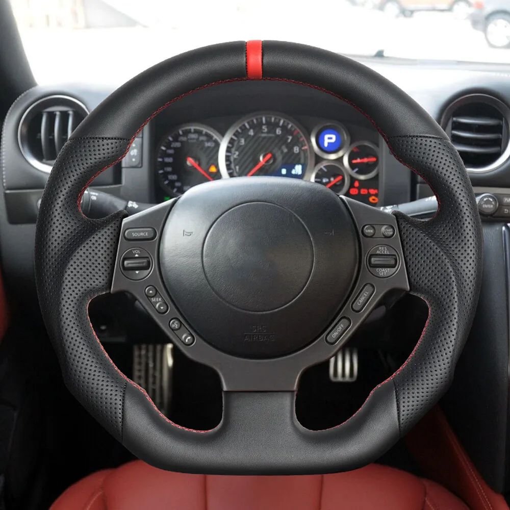 Black Smooth Leather With Perforated Grip Flat Bottom Steering Wheel Fit For 2007-2016 NISSAN GT-R R35 GTR Sport Auto Parts
