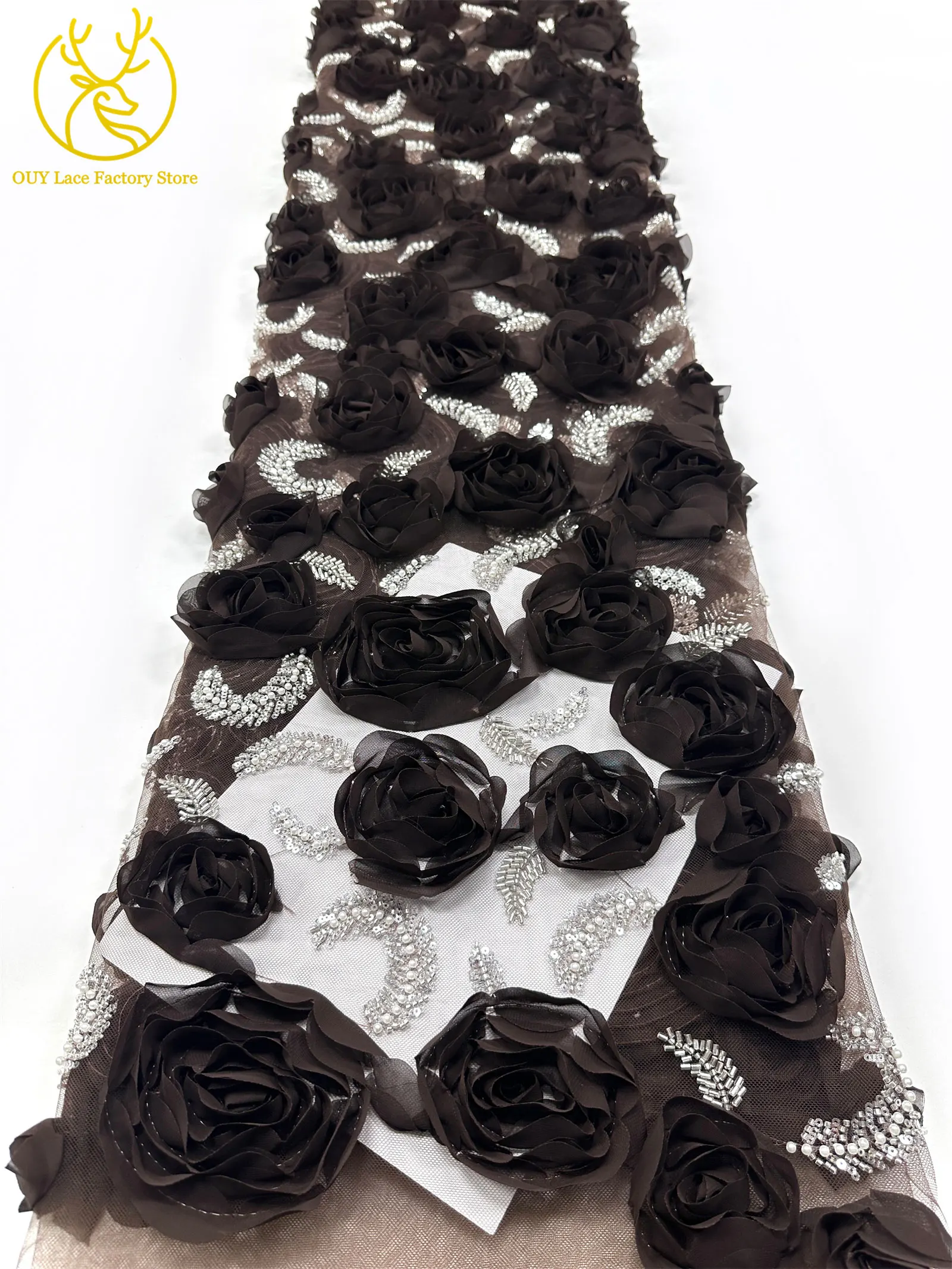 3D-Rosen-High-End Nigerianischer Tüll-Spitzenstoff 2026 – Hochwertiger afrikanischer Pailletten- und Perlen-Spitzenstoff für Brautkleider und Hochzeitskleider zum Nähen – Detail 16