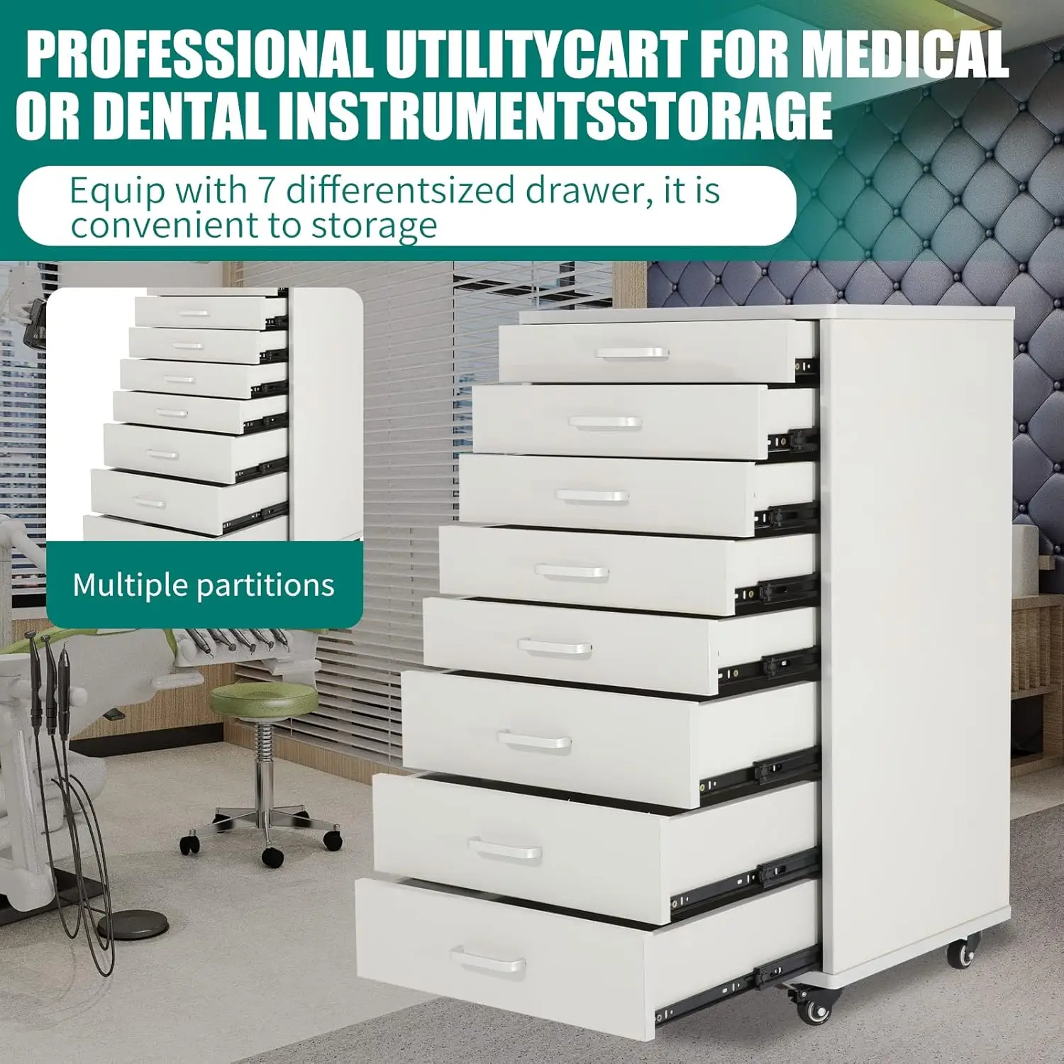 Armoire mobile pour assistant dentaire, Alabama, chariot utilitaire, 7 MELWith Handle, facile à nerver et à repousser Blanc