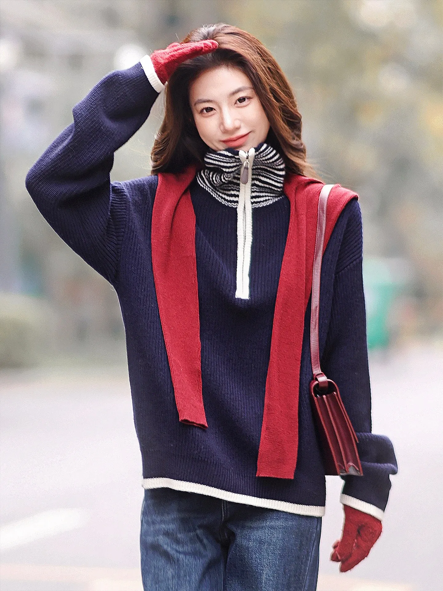 

Ленивый ветер, кашемировый свитер с контрастными лацканами, женский зимний свитер с полумолнией и длинными рукавами, пуловер, тонкий топ