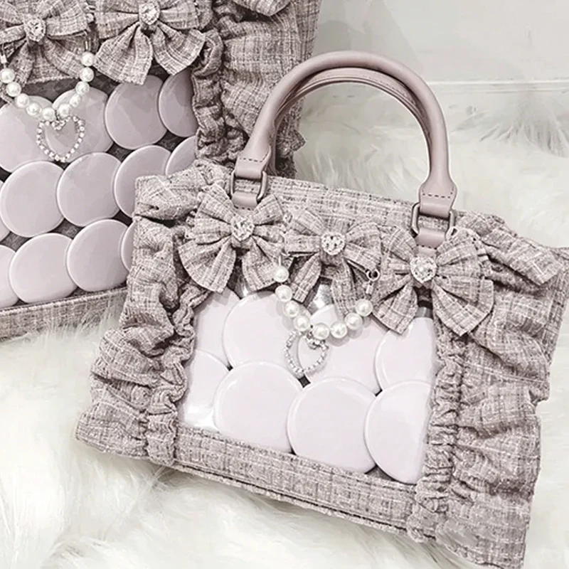 Y2k Ita-Tasche für Mädchen mit großem Fassungsvermögen, Rüschen-Schleifen-Dekor, Preppy-Style-Handtasche, JK-Uniform-Tasche, japanische transparente Tasche mit Taschen – Detail 17