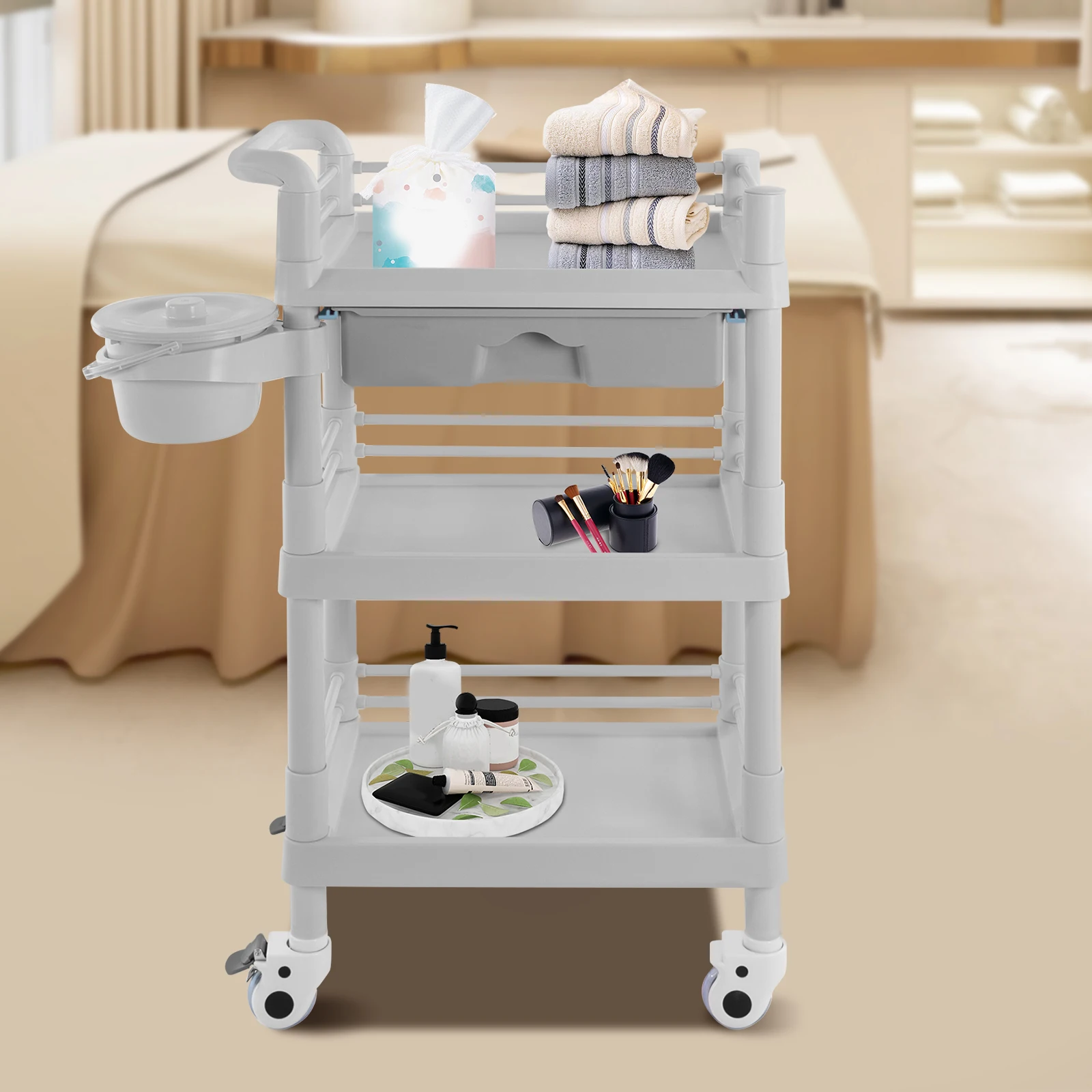 3-tier Beauty Carts Salon Trolley Cosmetic Wheelcart with Drawer and Waste Bin Blue/Grey/Pink