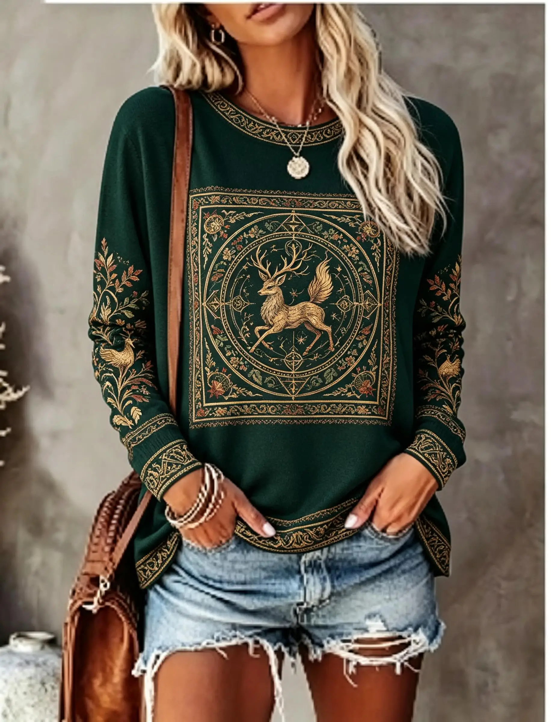 Women Crew Neck Long Sleeve T‑Shirt, Vintage Forest Deer Fox Bird Geometric Fair Isle Print Casual Loose Pullover Tops