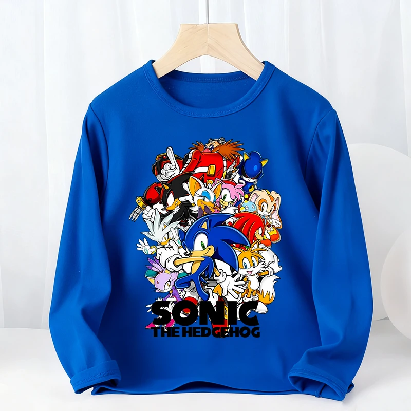 Sonics Kids Long Sleeves T-shirts Cartoon Crewneck Bottoming Undershirts Anime Pullover Thin Top Tees Children Clothing Gift New