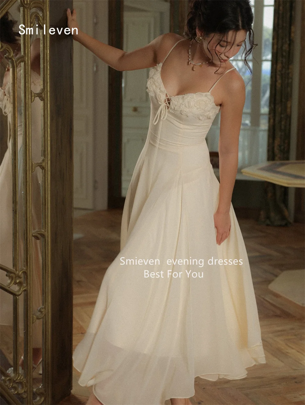 Smileven Luxury 3D A Line Prom Dress Illusion Flower Evening Gowns Appliques Sexy Spaghetti Strap Occasion Dress Customized 2026