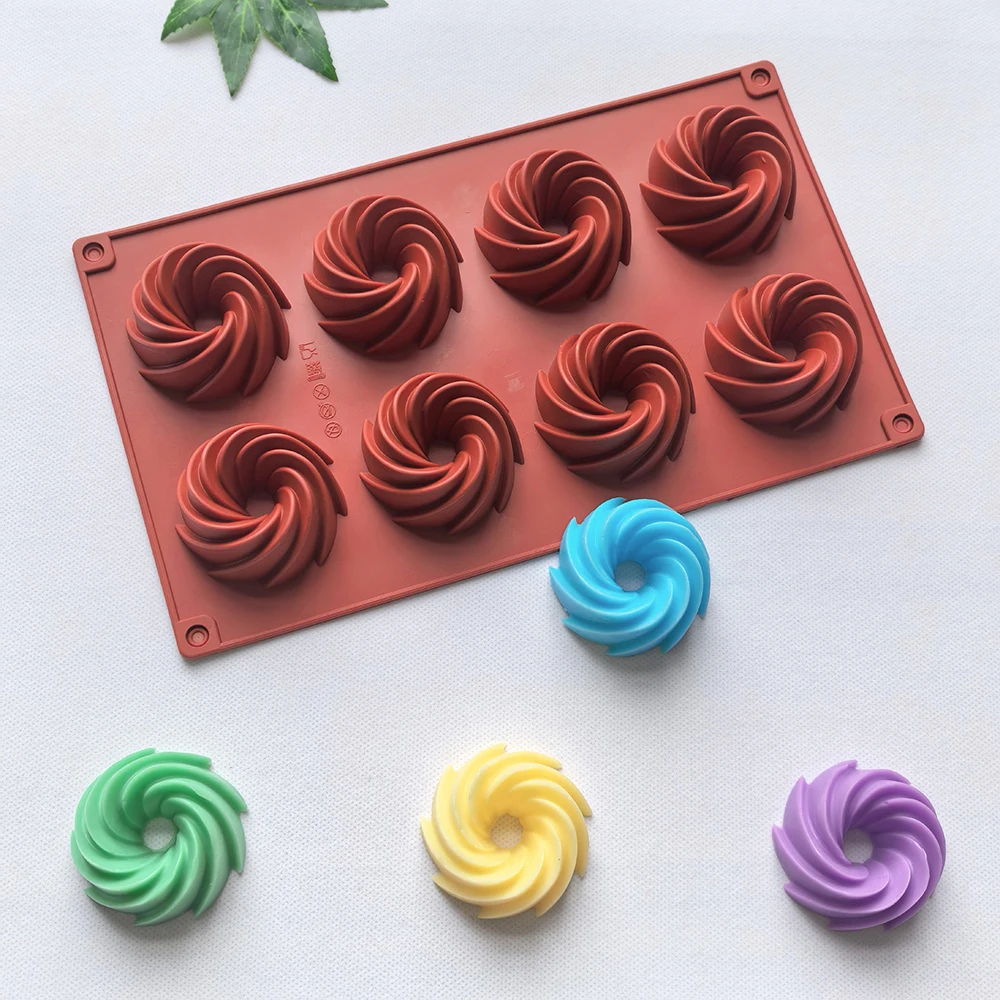 

8-hole spiral shaped DIY silicone cake tray with non stick silicone mold, perfect for making cakes, bread, jelly, baking molds