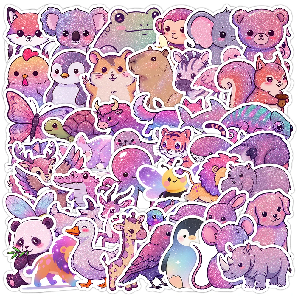 10/30/50pcs Fantasy Purple Shiny Animals Stickers Cute Cartoon INS Style Decals Stationery Phone Notebook Sticker Decoration Toy