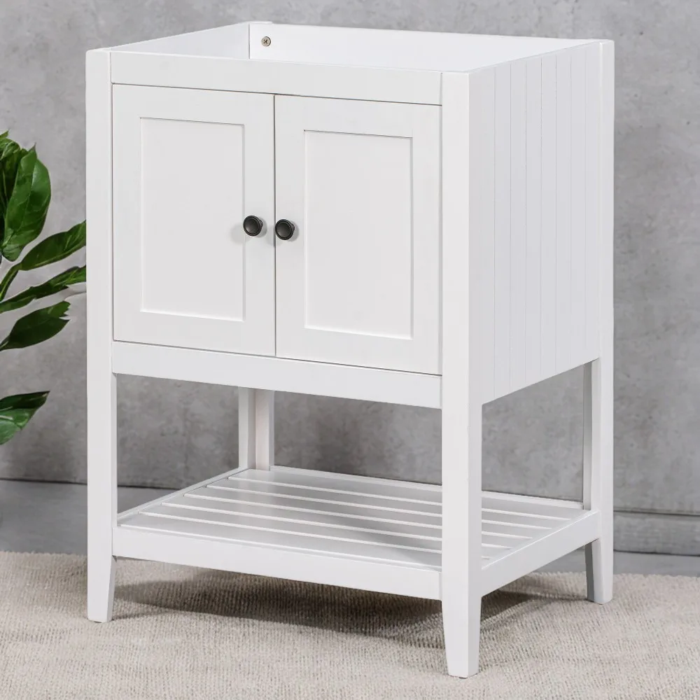 

24" White Bathroom Vanity Base - Solid Wood Frame, Storage Cabinet, Doors, Open Shelf