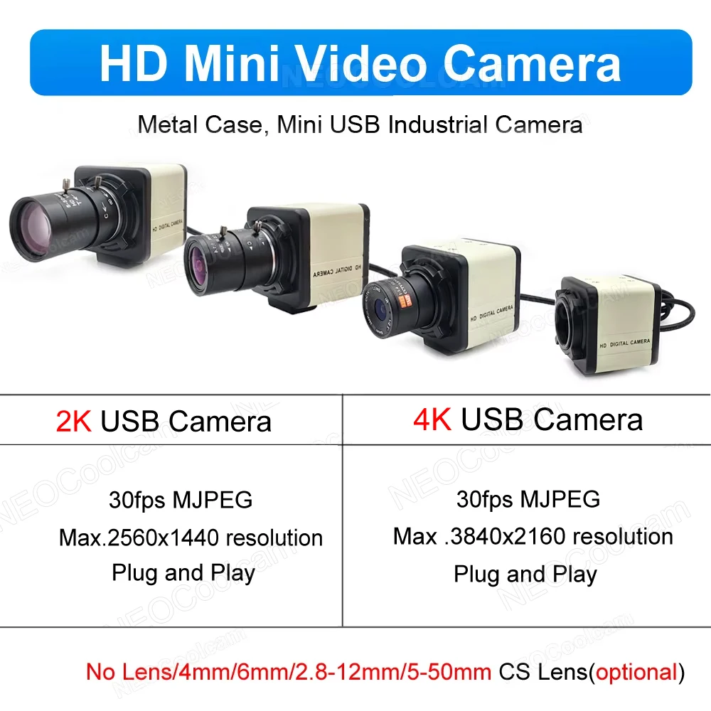 Industrial HD 2K 4K 30fps USB Camera High Speed Support OTG UVC Free Driver With 5-50mm / 2.8-12mm Varifocal Zoom Lens/No Lens