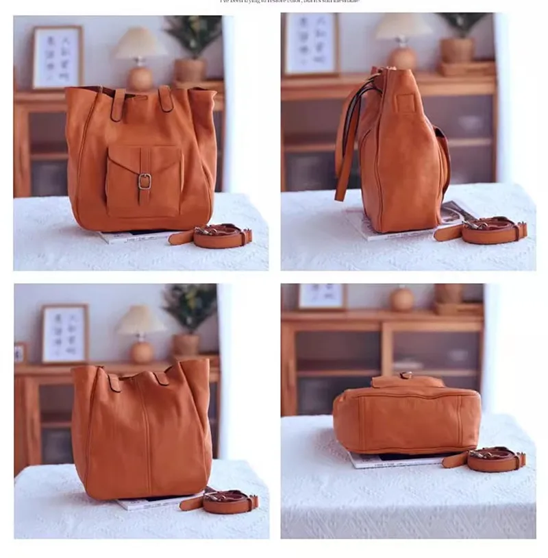 Vintage designer handmade natural genuine leather women's  large capacity tote bag outdoor daily shopping cowhide shoulder bag