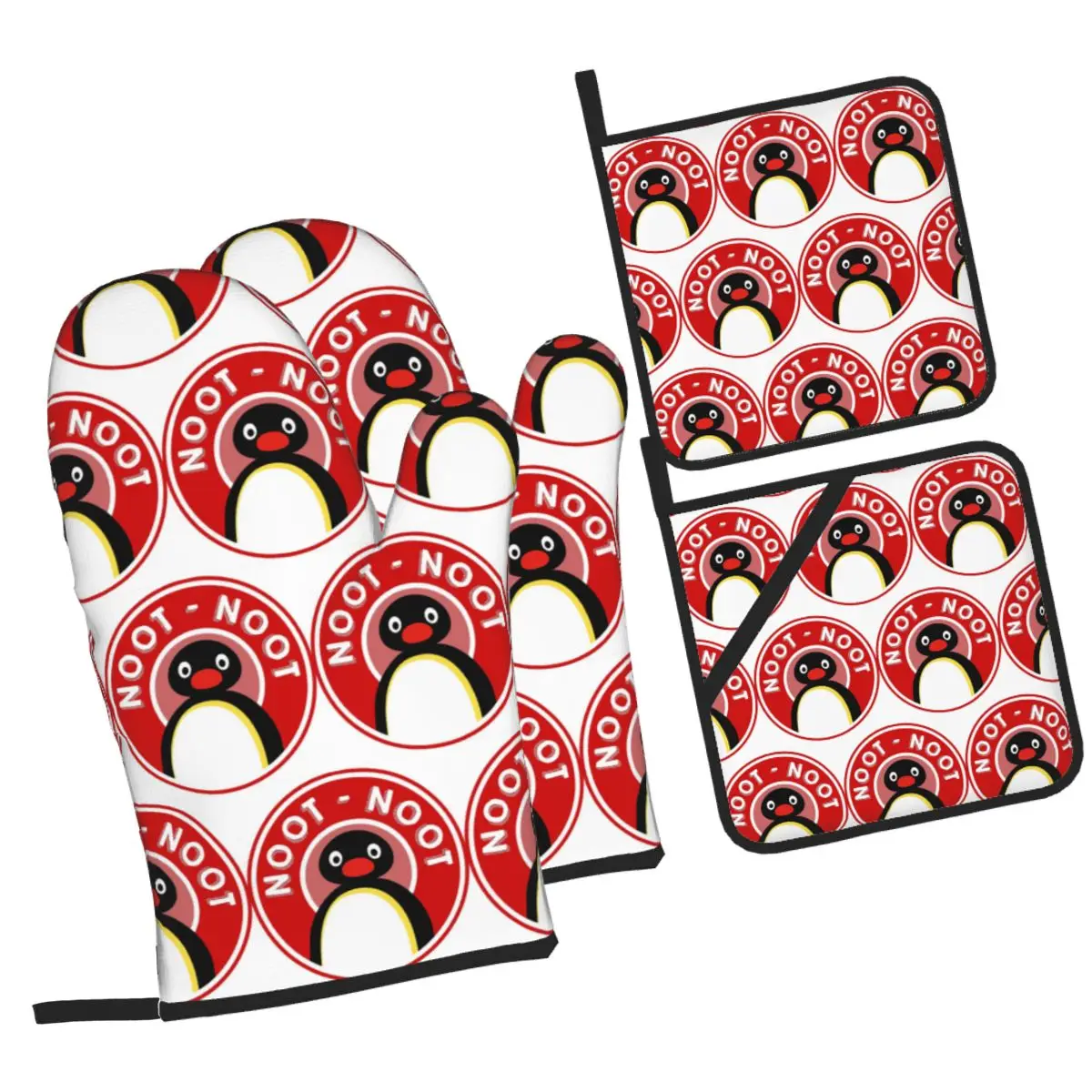 Pingu Noot Noot (Pingu The Pengouin) - Red Oven Mitts and Pot Holder Sets of 4 for Baking Cooking BBQ Resistant Non-Slip Gloves
