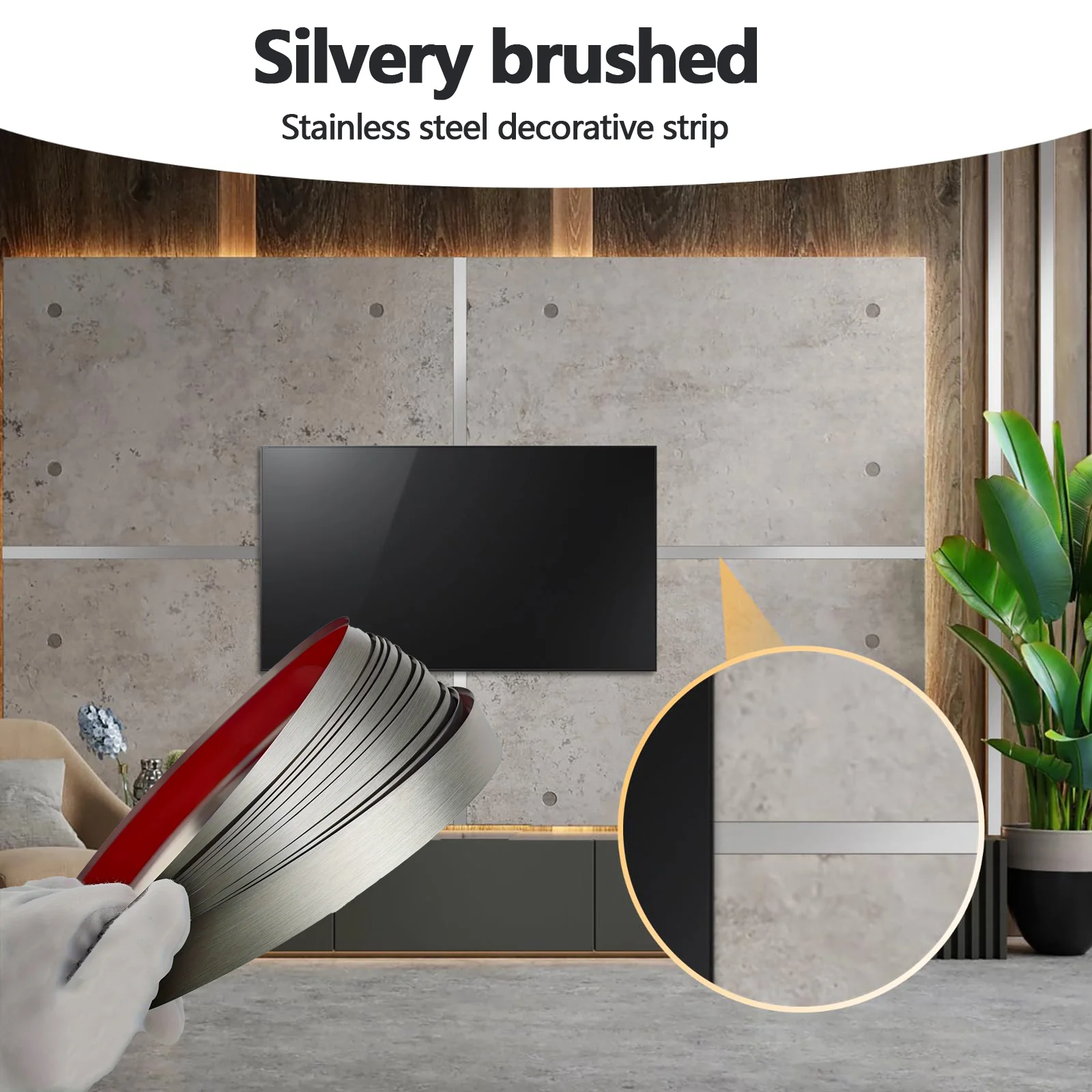 3-meter-long brushed silver stainless steel decorative strip, modern interior, DIY metal wall art decoration