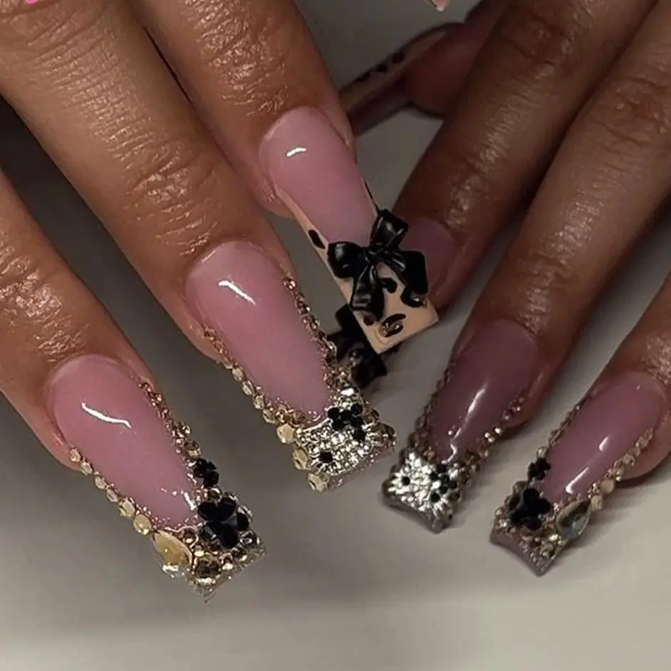 24Pcs Long Water Tube Shaped Nail Pieces Leopard French Nail
