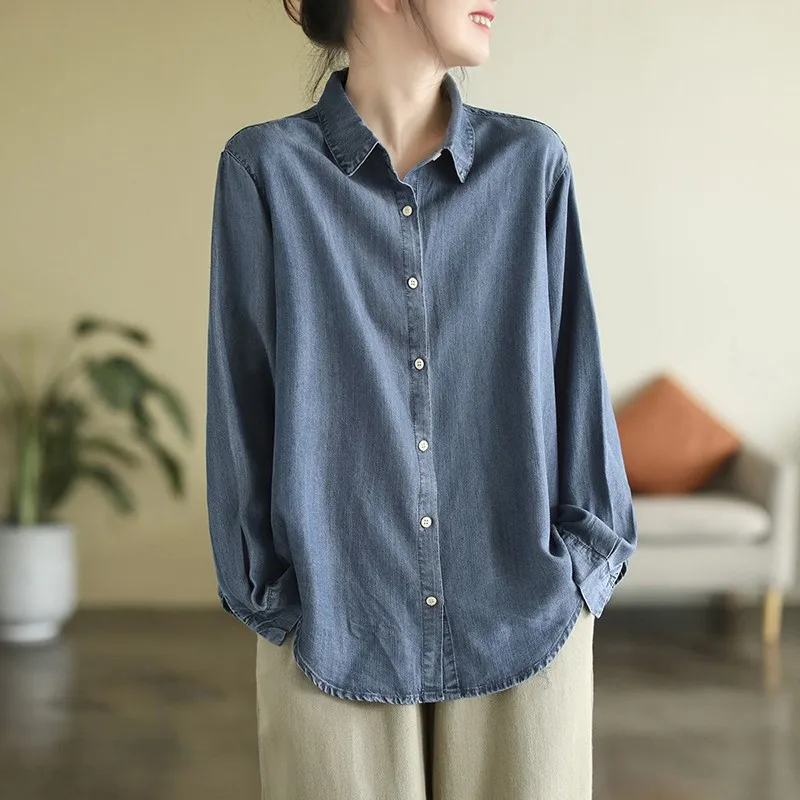 2024 Spring  New Korea Fashion Women Long Sleeve Loose Turn-down Collar Shirt all-matched Casual Cotton Denim Blouse Tops P564